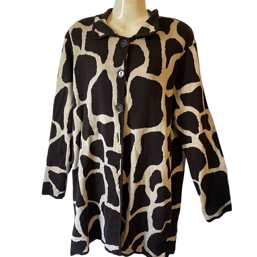 Chicos Women 3/L Cardigan Sweater Duster Brown Beige Metallic Gold Preppy Mature